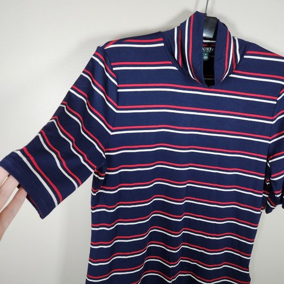 Lauren Ralph Lauren Shirt Womens XL Blue Mock Neck Striped Jersey Top Blouse - Picture 5 of 11